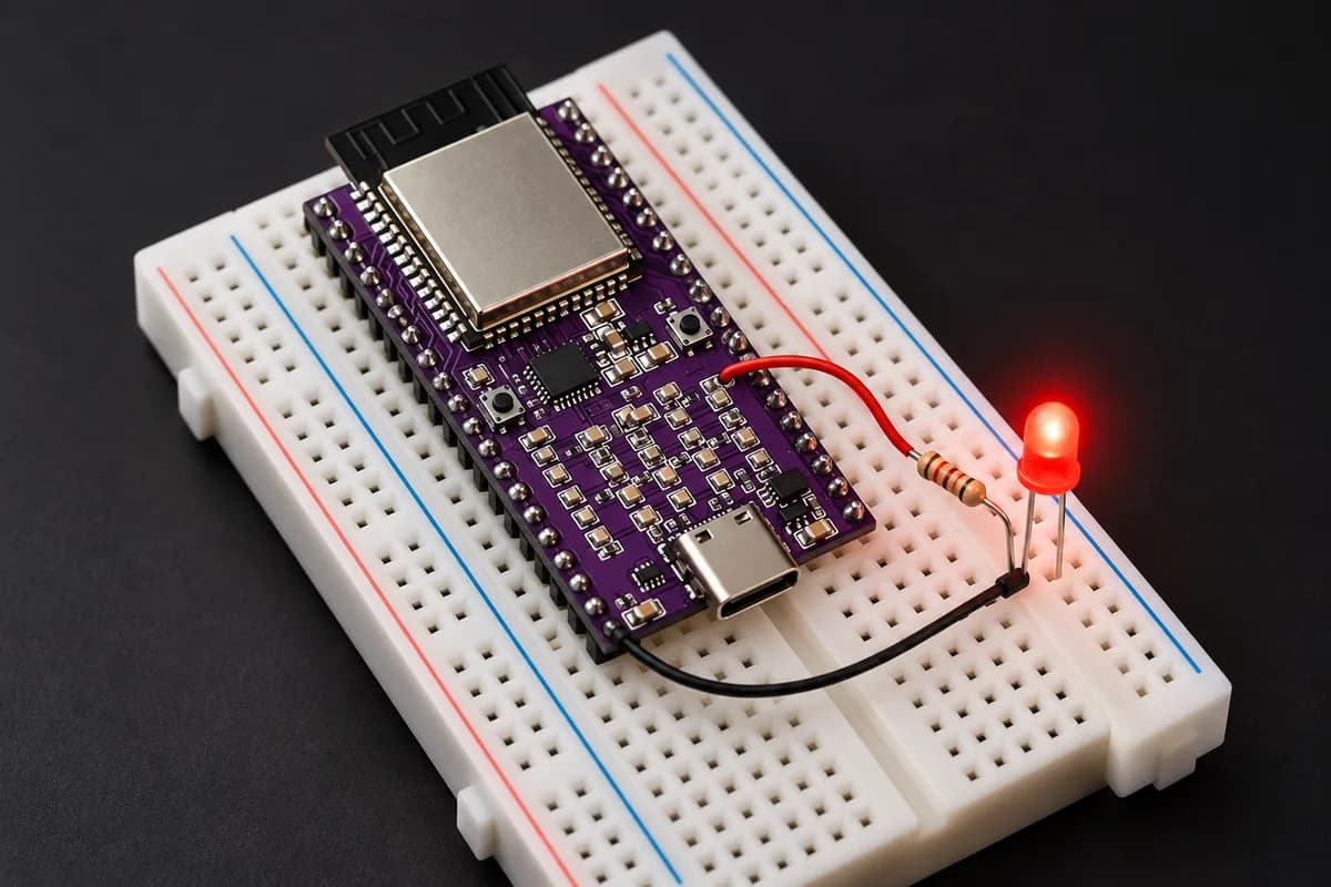 A development board on a breadboard with a single LED wired to one of its pins, lit up