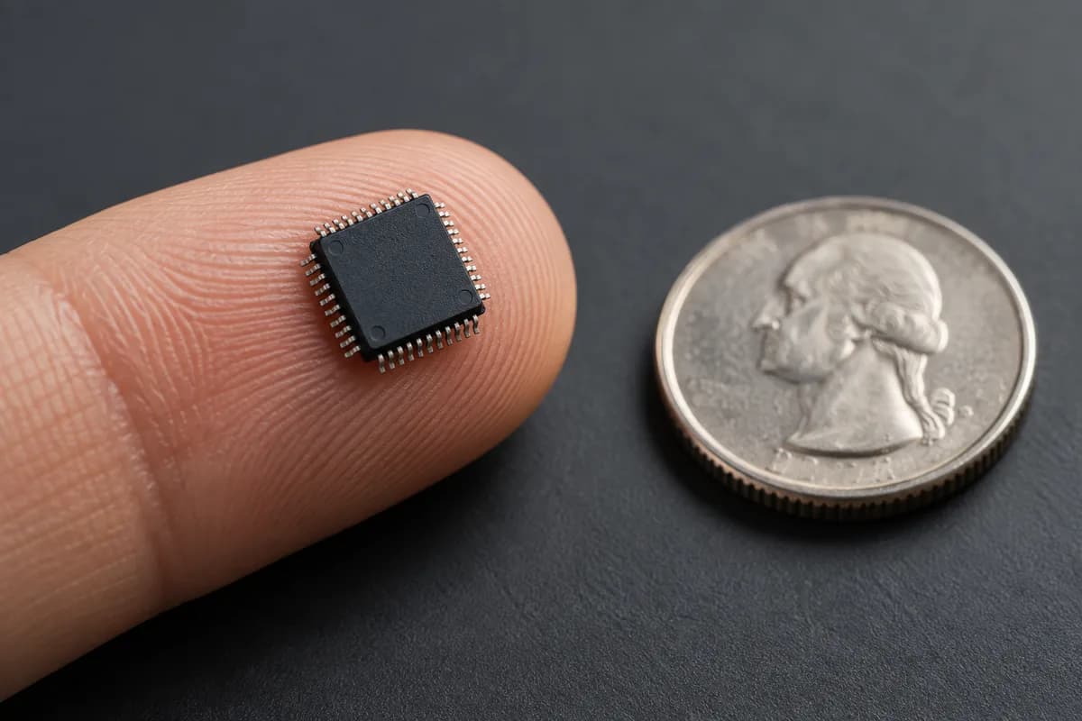 A microcontroller chip resting on a fingertip, with a coin beside it for scale
