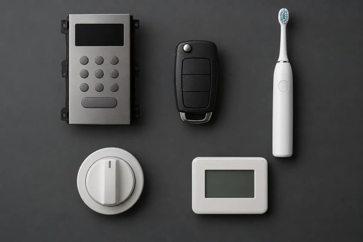 A grid of everyday objects that contain microcontrollers — a microwave control panel, a car key fob, an electric toothbrush, a washing machine dial, and a wall thermostat